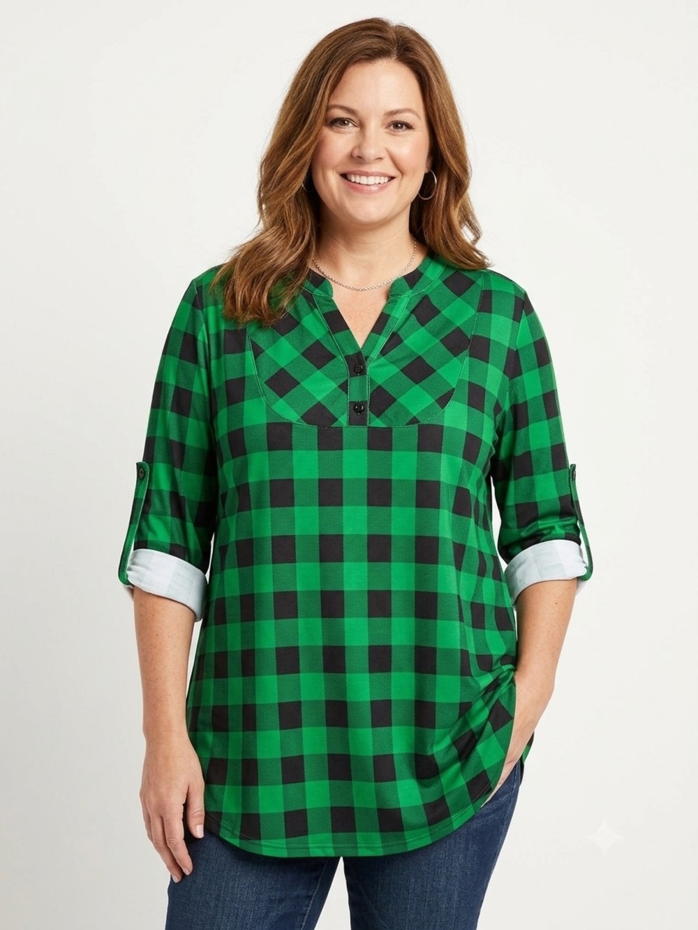 Miusey Green Buffalo Check Tab Sleeve Tunic Top Size 2X NWT P2P 23 In